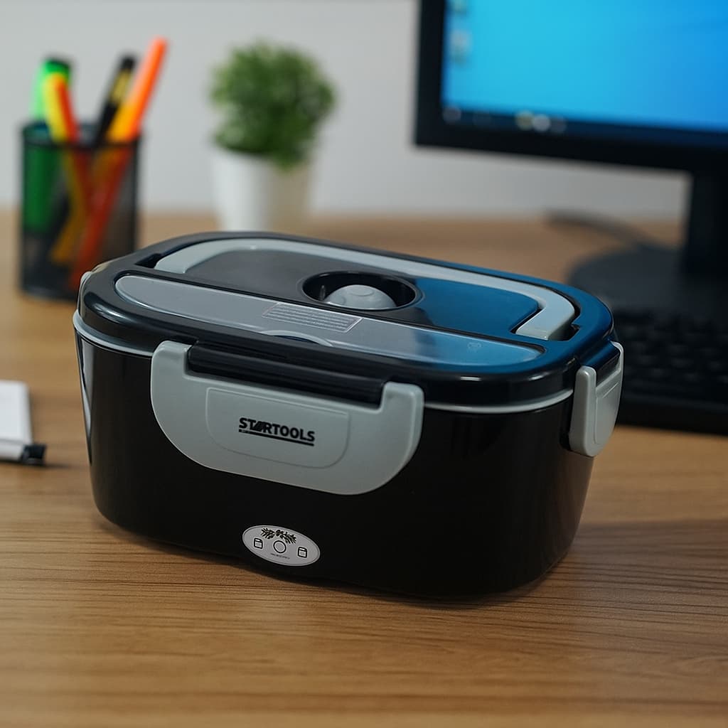 Marmita Elétrica Térmica Bivolt 1,5L Preta Compartimentos Colher Alça Refeições Quentes Trabalho