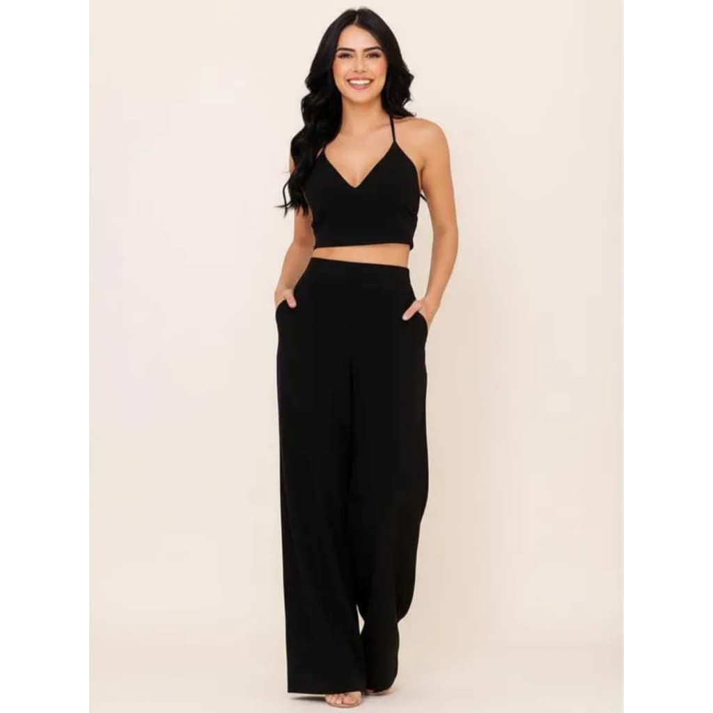 Conjunto Calça Pantalona e Cropped com Alcinha