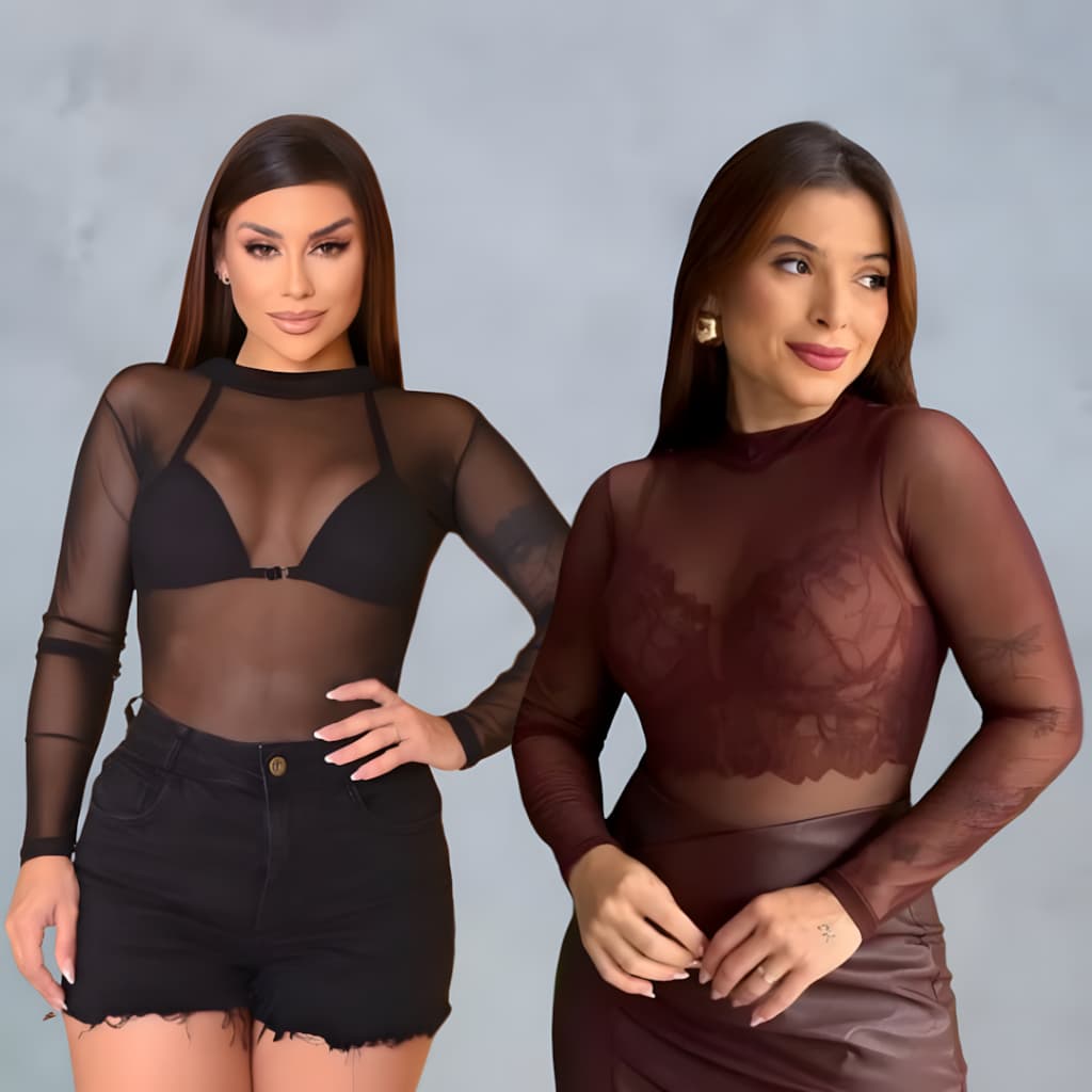 Kit 2 Body De Tule Feminino Manga Longa Festa Balada