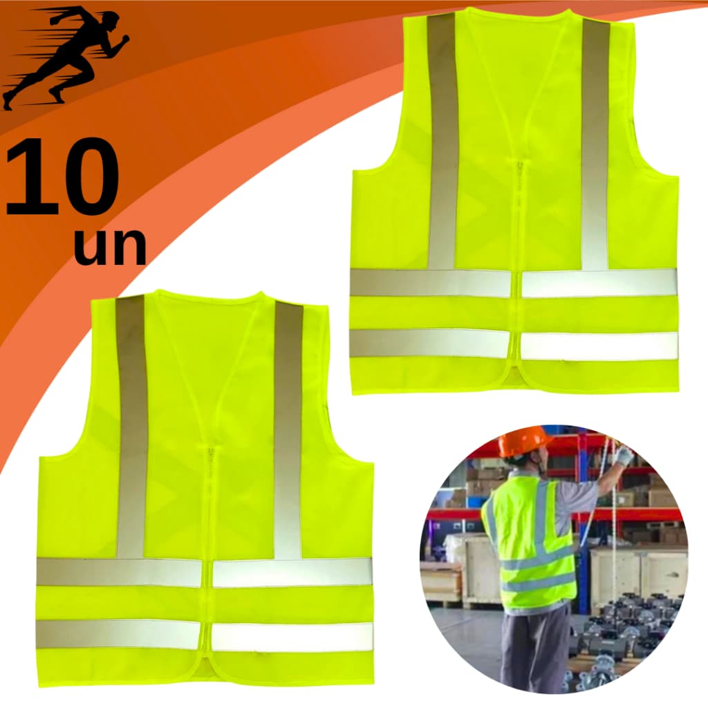 Kit 10 Colete Refletivo Verde Segurança Sinalização Sem Bolso Alta Visibilidade Profissional Obra
