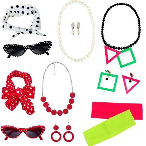Kit Anos 50 / 60 / 90 Fantasia Acessórios Adulto Cosplay Carnaval Bandana Óculos Brincos Colar