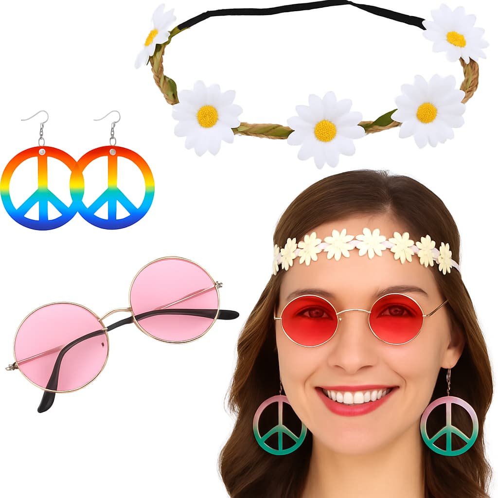 Kit Fantasia Hippie Anos 70 Óculos,  Brinco Paz E Amor E Faixa - Carnaval Festa Cosplay