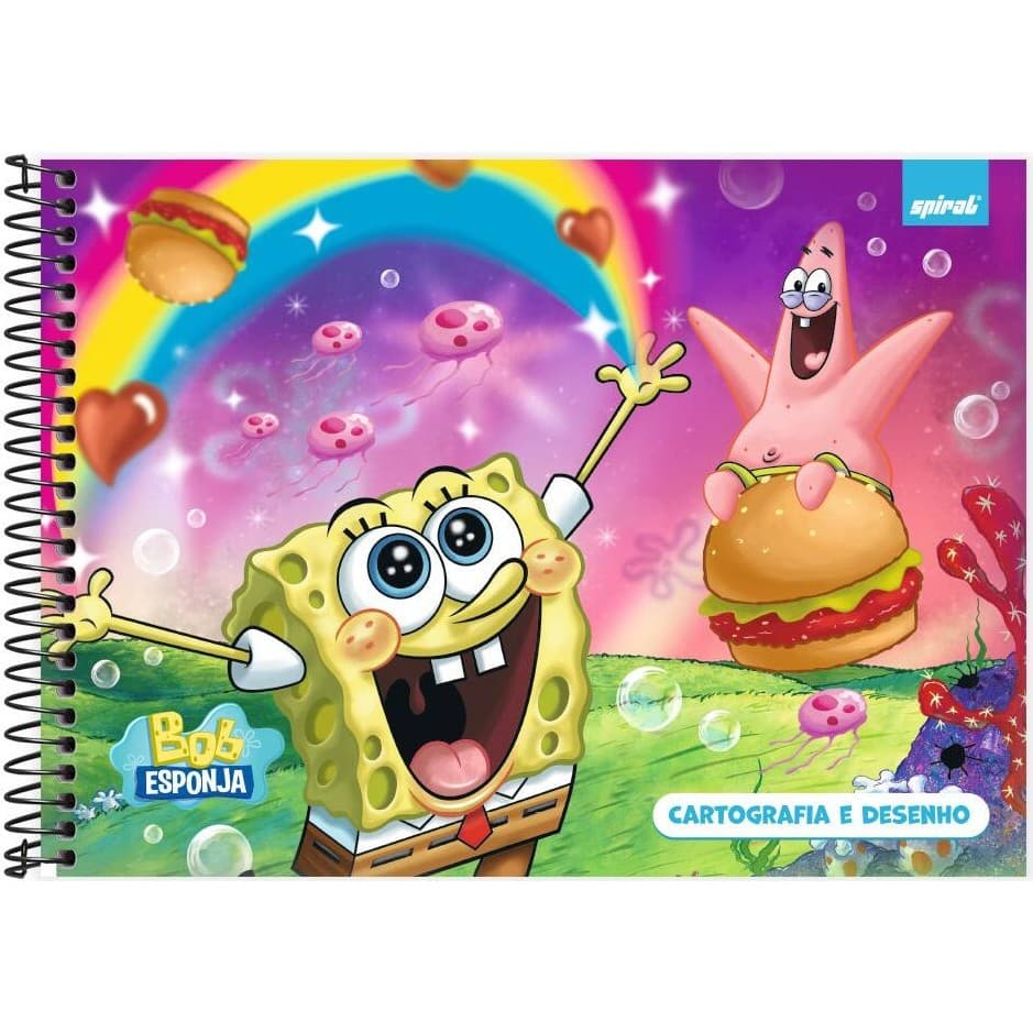 Caderno Cartografia e Desenho Capa Dura 48 Folhas, Bob Esponja