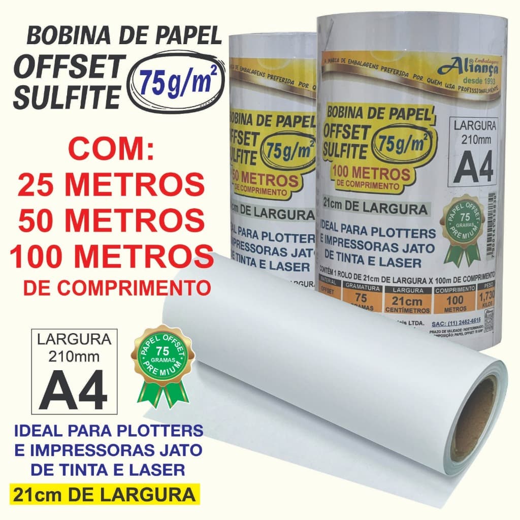 Bobina de Papel Sulfite Offset A4 210mm para Impressão, Gráfica, Plotter, Embalagens - Rolo Papel Impressão Profissional