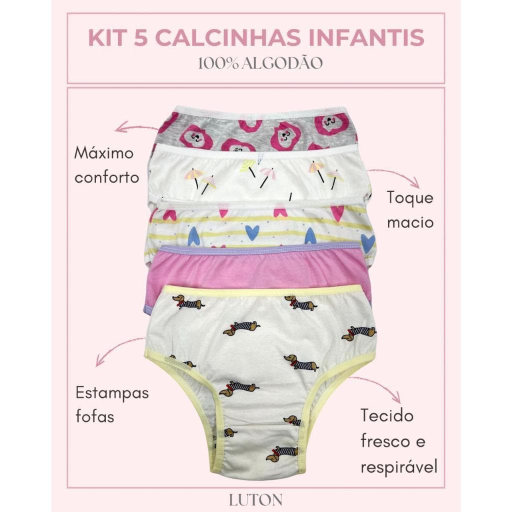 Kit Com 5 Calcinhas Menina Infantil 100% Algodão Macia 01-K5