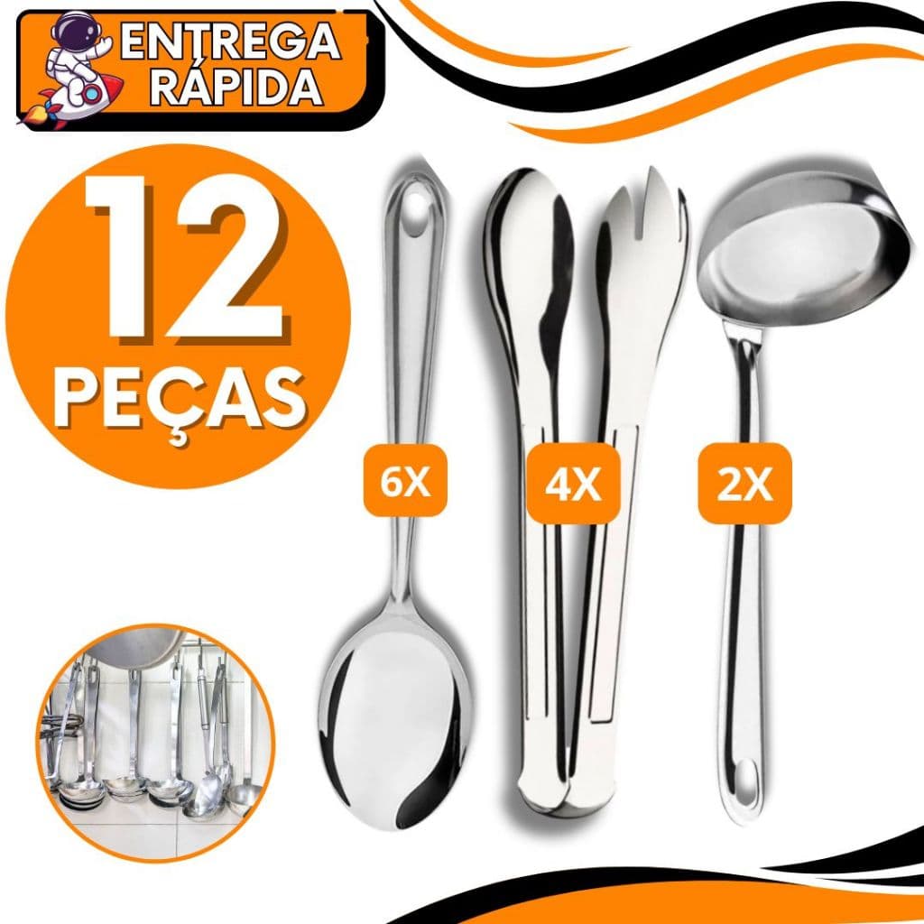 KIT JOGO 12  Concha + Colher Servir + Pegador Salada Caldos Feijão Arroz Legumes Resistente Aço Inox Pegar Pinça Servir