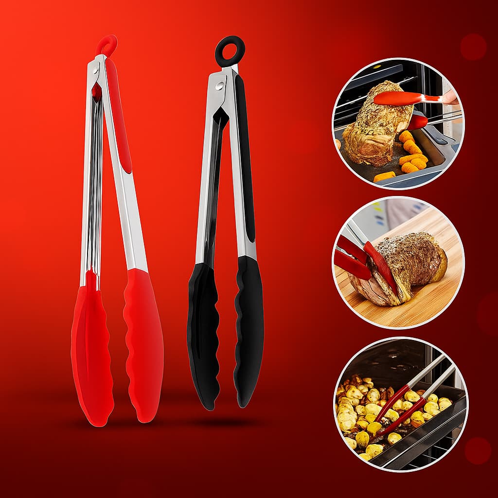 Pegador Inox 28cm com Ponta em Silicone Preto – Utensílio de Cozinha Resistente e Antideslizante