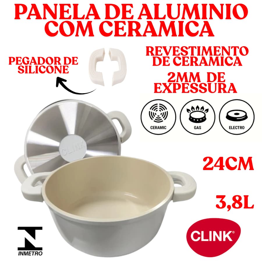 Caçarola Panela Aluminio 24CM 3,8L Revestido De Ceramica Com Aluminio Antiaderente Branca Clink 2MM