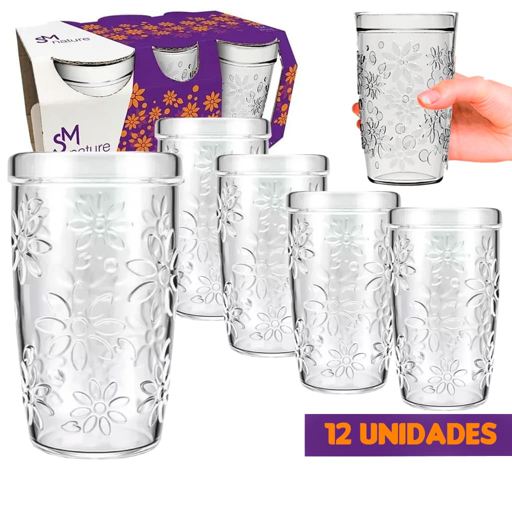 Jogo 12 Copos Vidro Nadir Brilhante Modelo Sm Nature Drink 270 ML Multiuso Suco Água Buffet