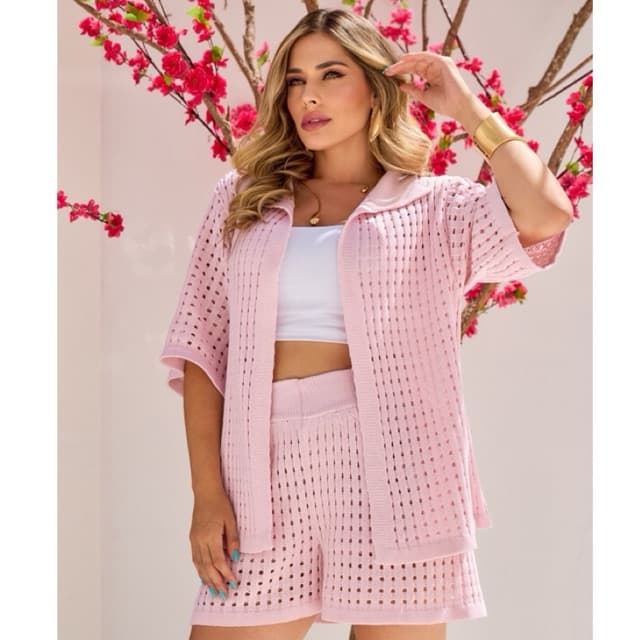 Conjunto Tricô Kimono e Shorts Forrado Rendado Verão Tricot Premium Estiloso Saída de Praia