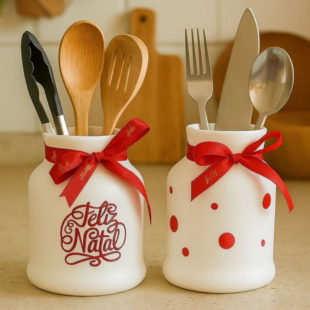 Kit 2 Porta Talher Cerâmico Enfeite Natal Decorativo Casa Cozinha