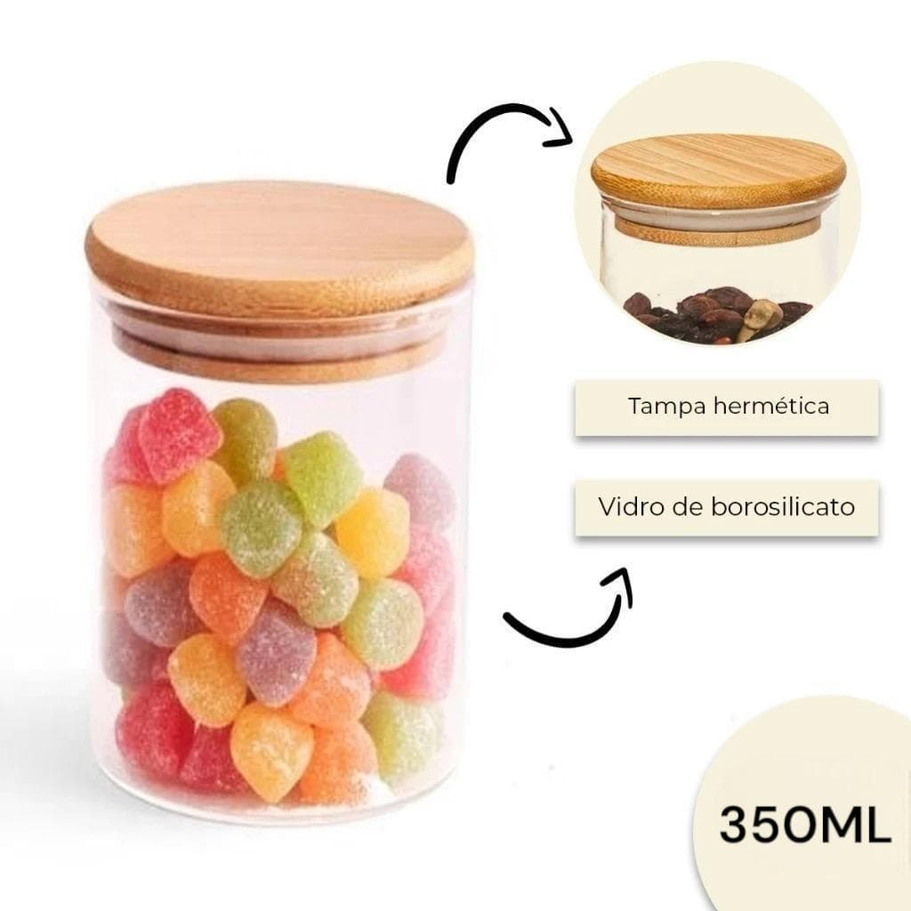 Kit 8 ou 6 Pote Hermético de 350ml Redondo Vidro Borossilicato Tampa de Bambu