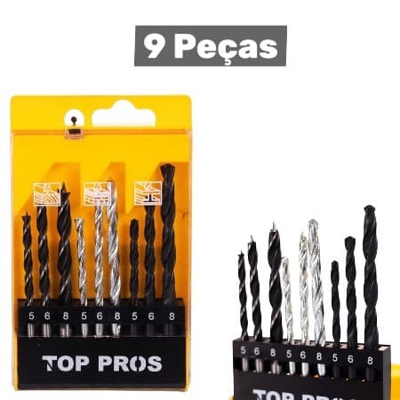 Jogo de Brocas Ferramenta Profissional Para Madeira e Metal 9 Peças Diâmetros 5mm, 6mm e 8mm