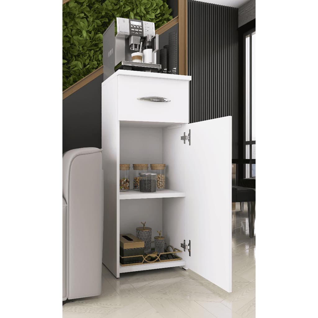 Móvel Branco para Bebedouro com Porta e Gaveta Compacto