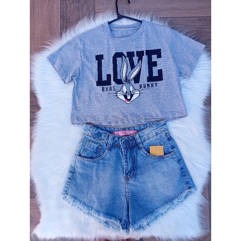 KIT 2 PEÇAS SHORT JEANS COM CROPPED T-SHIRT