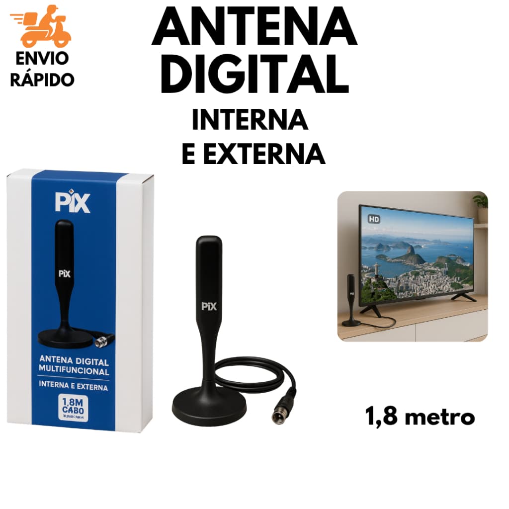 Antena Digital HDTV Interna e Externa Multifuncional Com Cabo 1,8 m Sinal Potente e Estável