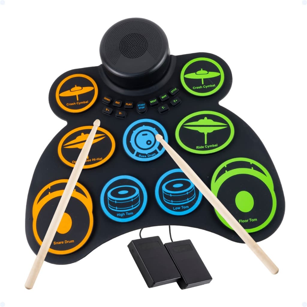 Bateria Eletrônica Musical Drum Dobrável Silicone 2 Pedais 9 Pads Roll Up Portátil Auto Falante