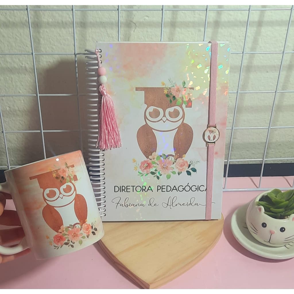 Kit Agenda + Caneca porcelana profissões Minimalista Rosa personalizada