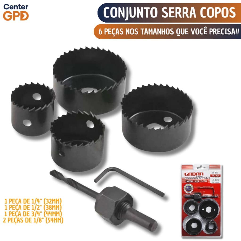 Jogo Serra Copo 6 Peças 32mm-38mm-44mm-54mm Ferramenta Para Madeira Gesso Profissional Resistente