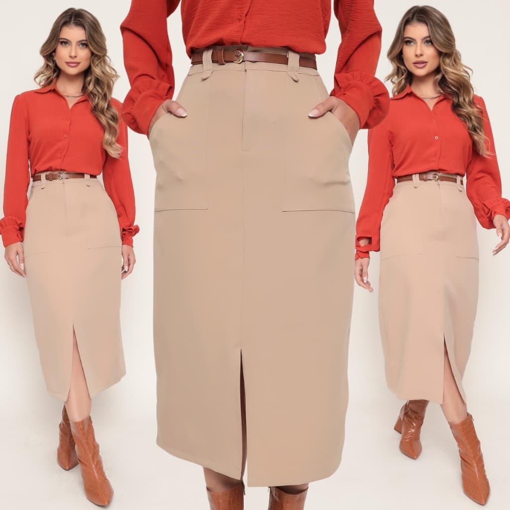 Saia Feminina Com Bolso Alfaiataria Racho Frontal Longuete Cinto Acompanha Cintura Alta PROMOÇÃO