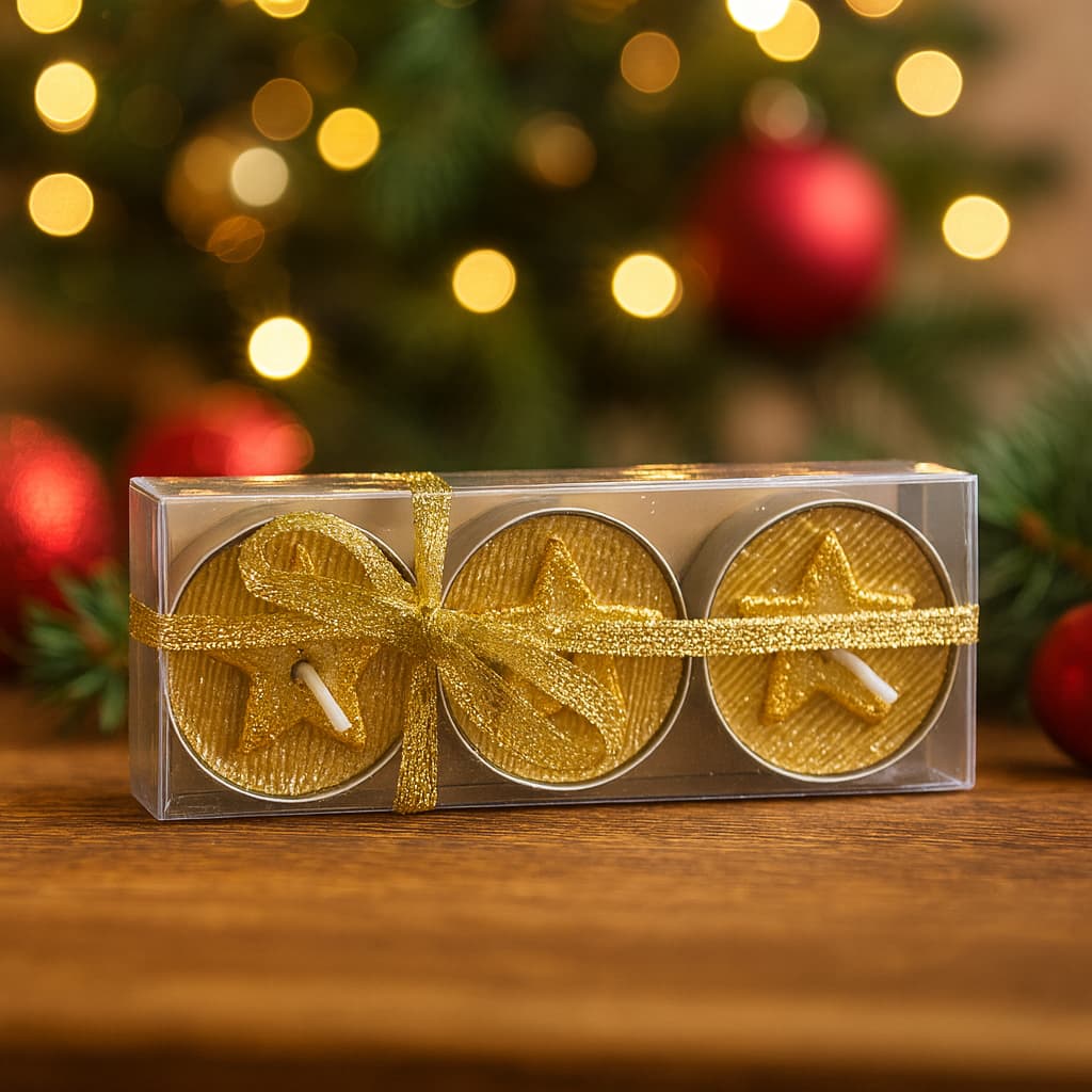 Kit 3 Velas Rechaud Prata Dourada Vermelha com Estrela Glitter  – Decoração Natalina, Mesa Posta e Lembrancinha