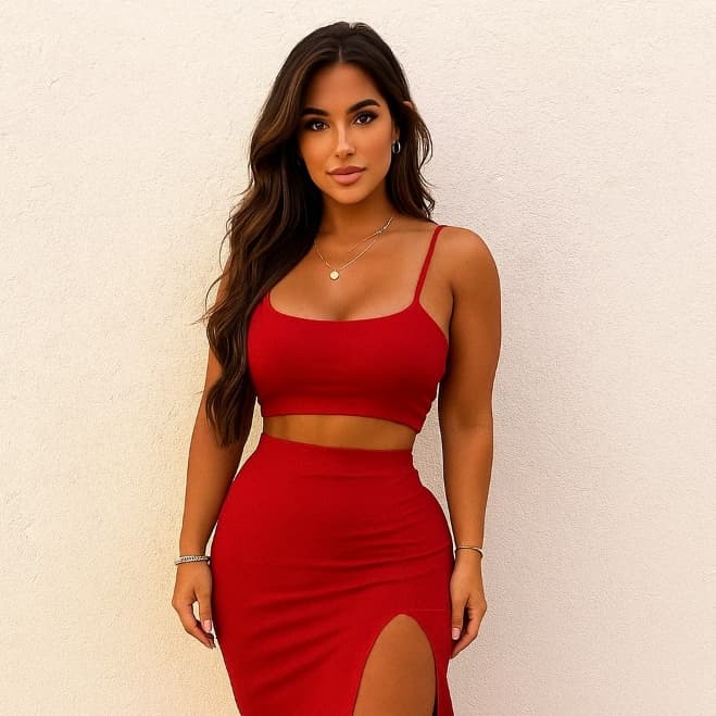 Conjunto de Saia Longa Mid Suplex com Fenda Lateral e Cropped Top em Básico Elegante Verão Feminina