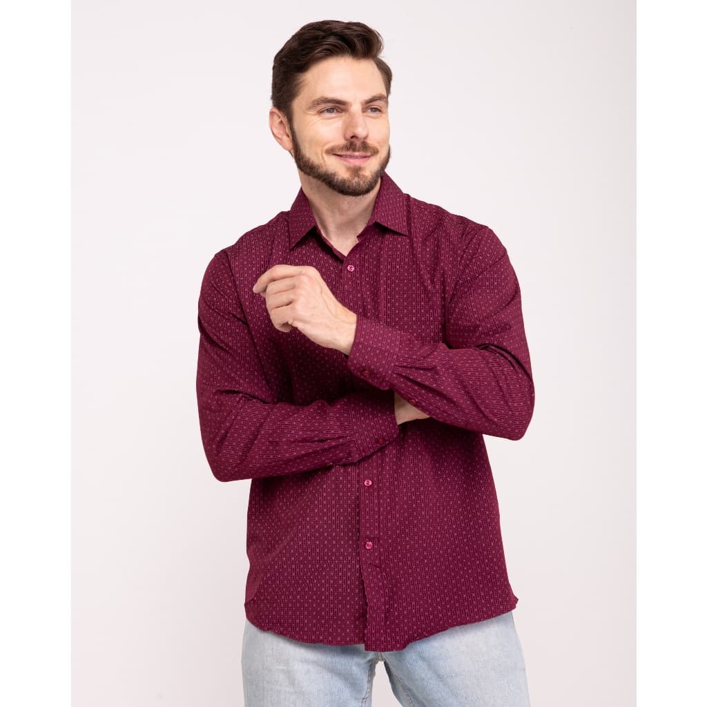 Camisa Social Manga Longa Estampa Com Elastano Não Amassa Passa Fácil Chic