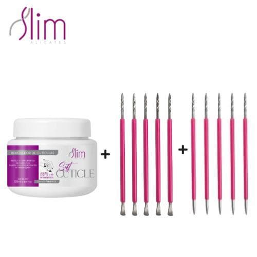 Kit Slim 05 Palitos Unha + 05 Espátulas Mista Bastão + Amolecedor de Cuticula