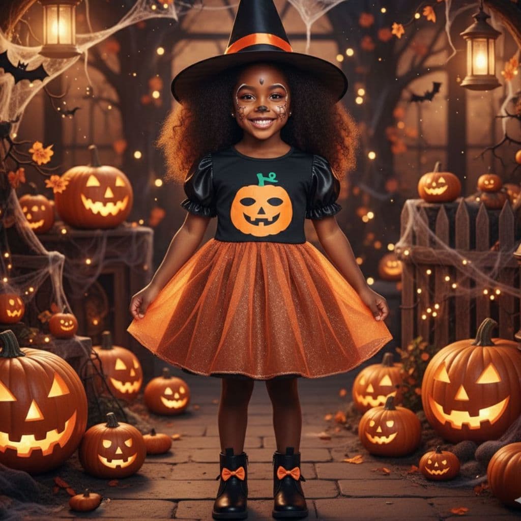 Fantasia Infantil Menina Bruxinha Halloween Feminina Vestido Abobora Moderno Com Tule