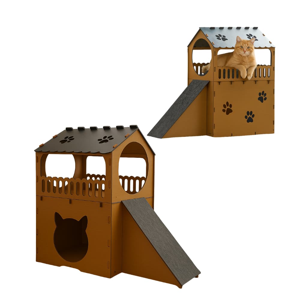 Casinha Casa de Gato Toca Para Gatos 2 Andares Rampa Arranhador Brinquedo Gatinho Playground Mdf