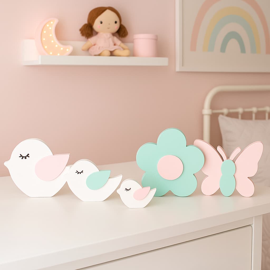 Kit Decorativo 3 Passarinhos Arco-Íris Nuvem Flor Borboleta Enfeite Festa Aniversário Infantil MDF