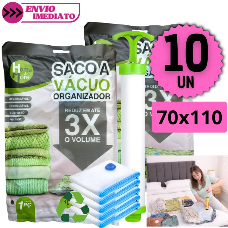 Kit 10 Sacos a Vácuo 70x110 Bomba Manual Organizador Roupas Viagem Edredom Impermeável Reutilizável
