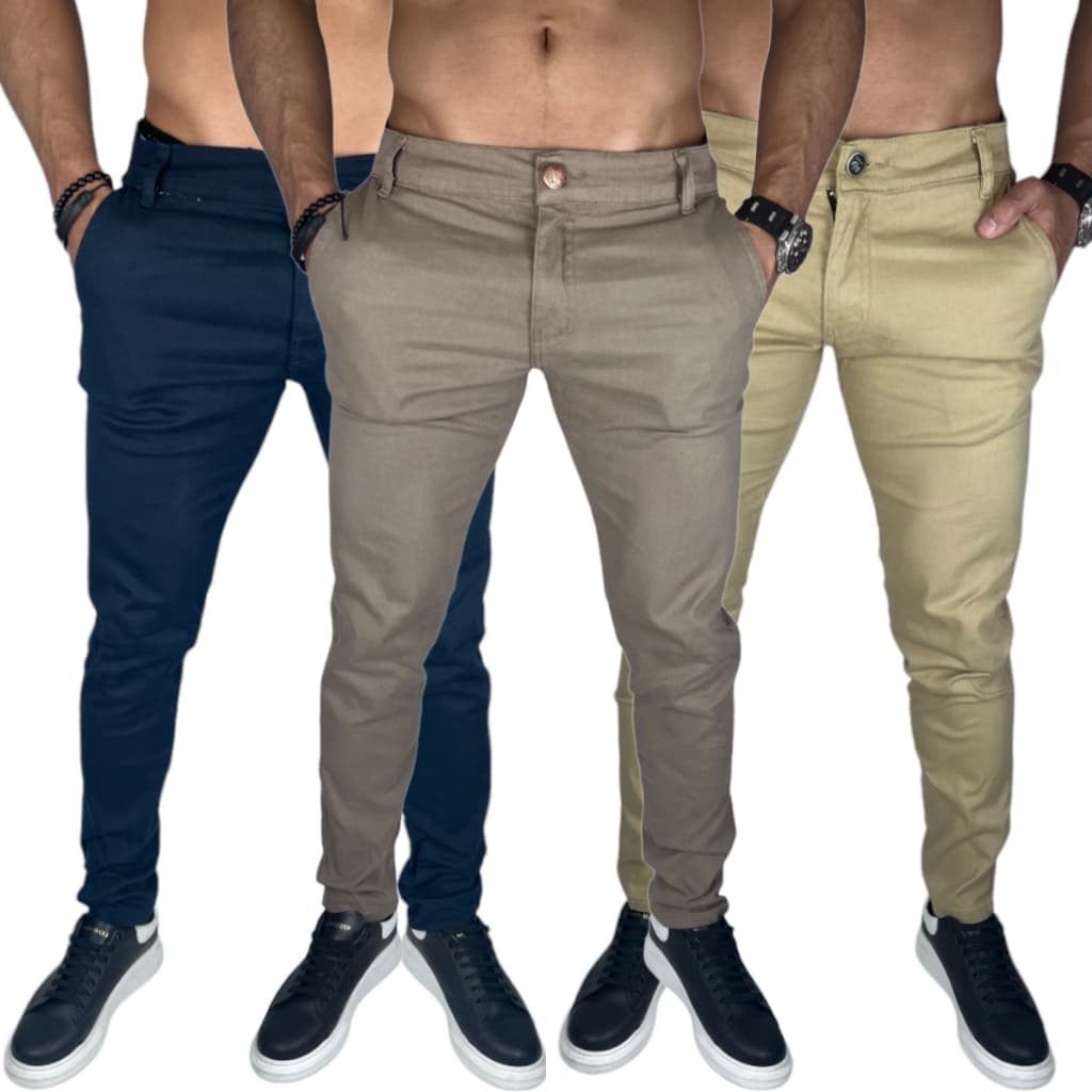 3 Calças Sarja Masculina Alfaiataria Slim Fit Tecido Macio Alta Qualidade