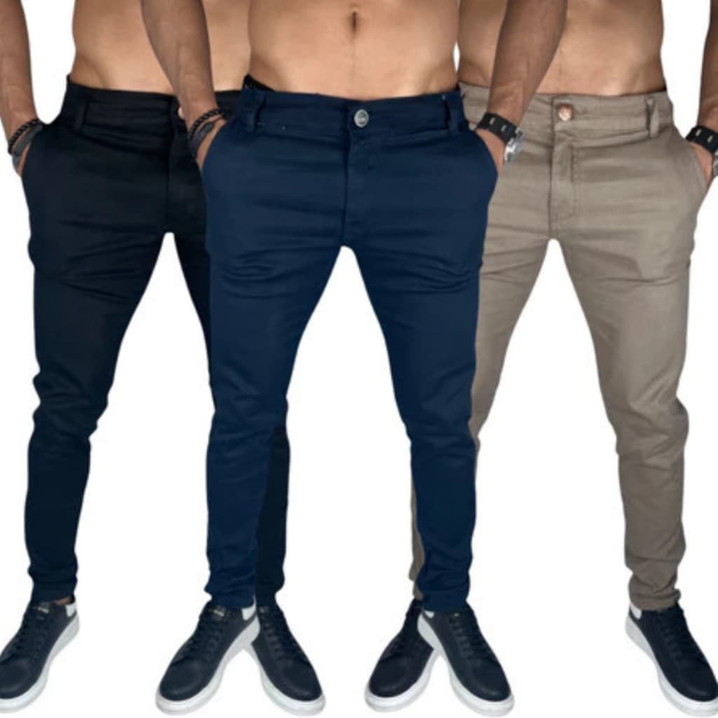 Kit 3 Calça Esporte Fino Casual de Sarja Masculina Escritório Trabalho