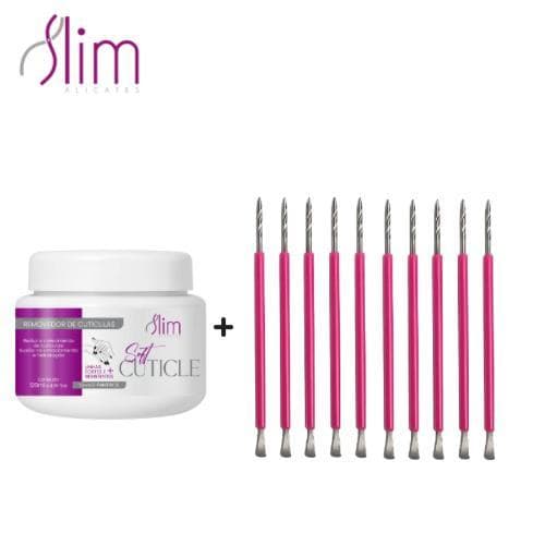 Kit 10 Espátulas Slim + Amolecedor de Cutícula Slim - Bastão Mista Unha Inox ROSA Com Silicone Cutelaria Manicure