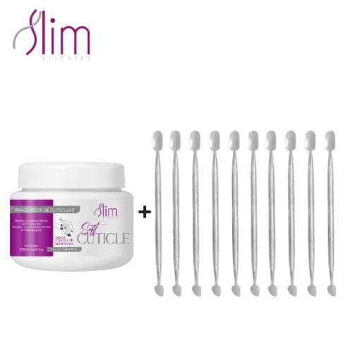 Kit 10 Espátula Dupla Empurradores Inox + Amolecedor de Cutícula Profissional Manicure e Pedicure Slim