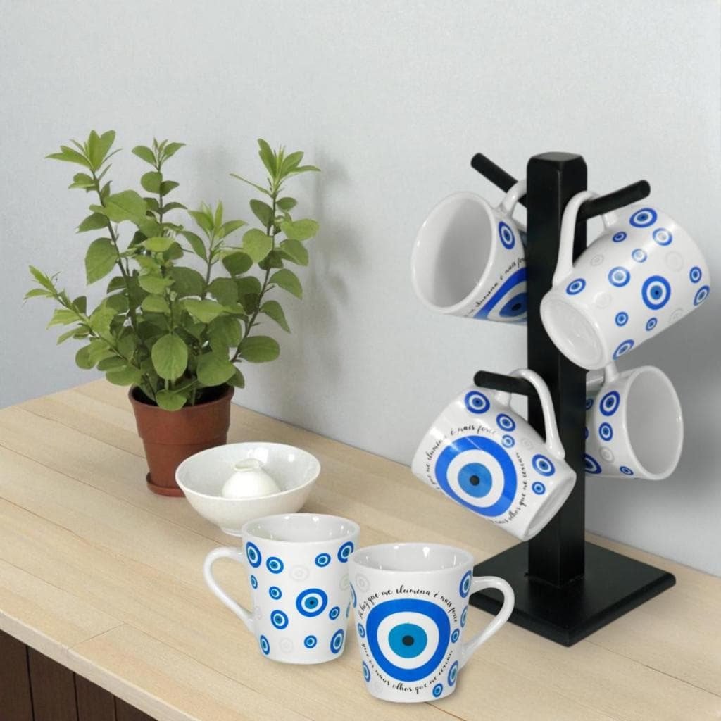 Xicaras para Cafe Olho Grego 120ml Com Suporte de Madeira Decoração Cantinho do Café