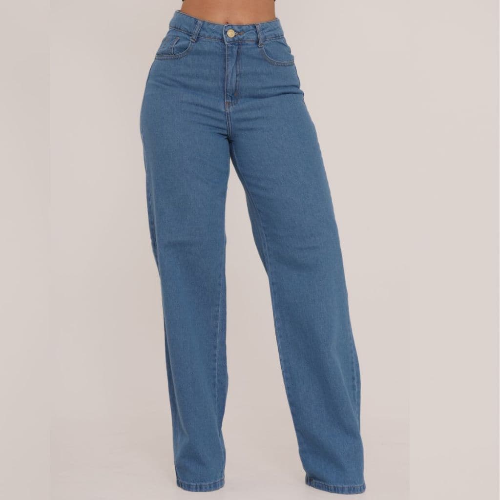 Calça Jeans Feminina Wide Leg Cintura Alta Tecido Grosso Pantalona Premium 100% Algodão Blogueira