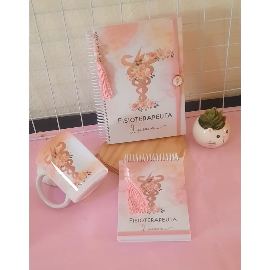 Kit 3 itens 2026 Agenda+Caneca+Bloco Profissões rosa Personalizado holográfico