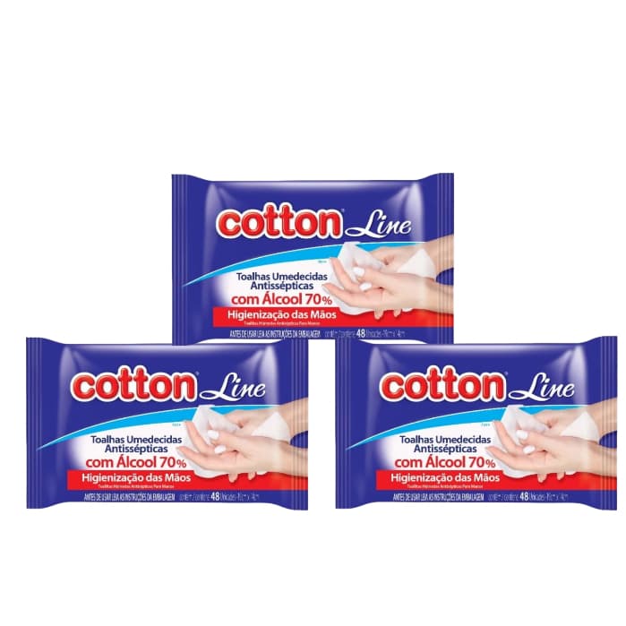 Kit 3 Lenços Umedecidos Cotton Line 48un Antissépticas 70°