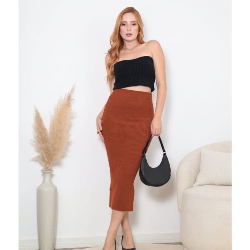 Saia Longa Feminina Canelada Tricot Modal Lisa com Fenda Lateral Cintura alta