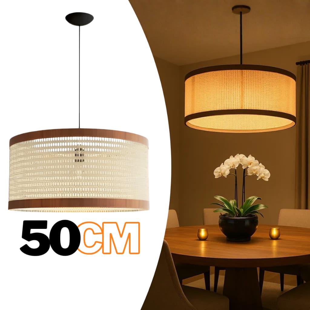 Pendente Luminária De Teto Grande Lustre 50cm Telinha Rattan Palha Indiana Sala Pé Direito Duplo