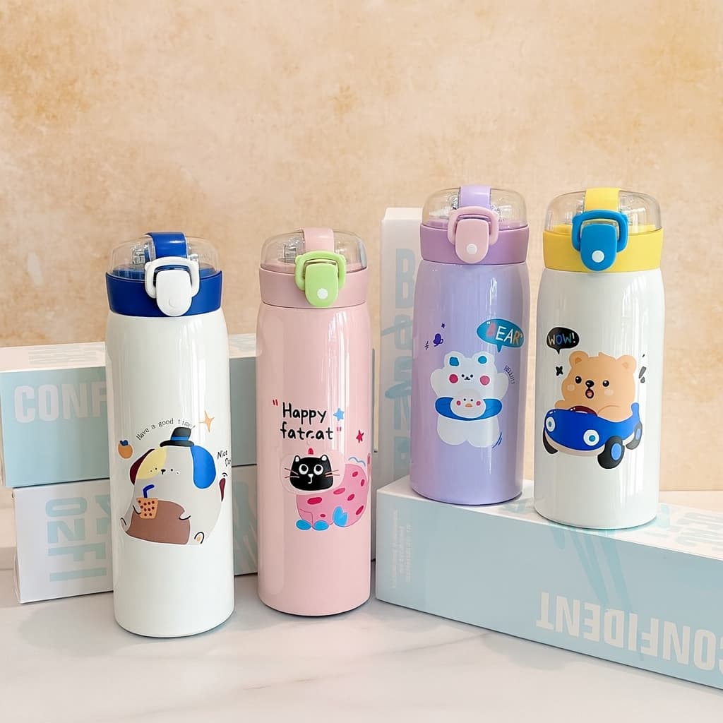 Kit Garrafinha Térmica Infantil 350ml 500ml com Canudo Desenhos Animais Fofinhos Estampas Coloridas