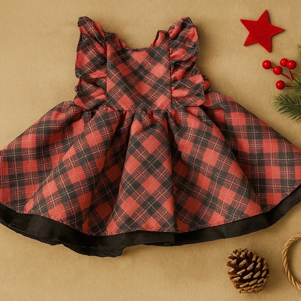 Vestido Natalino Bebê Xadrez Vermelho e Preto com Babado Roupa Natal Infantil