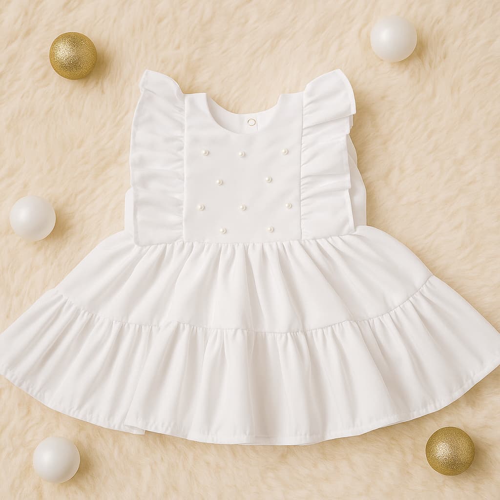 Vestido Branco de Ano Novo para Bebê com Pérolas Look Réveillon Infantil