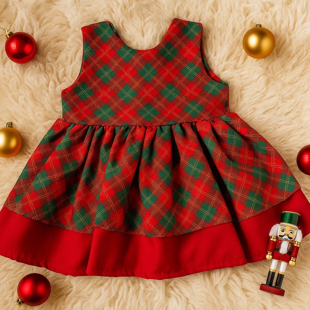 Vestido Natalino Bebê Xadrez Vermelho e Verde com Saia Rodada Look de Natal Infantil