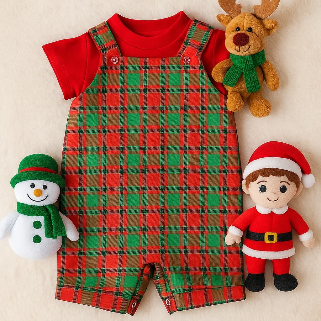 Macacão Natalino Bebê Menino Xadrez Vermelho e Verde com Camiseta Roupa de Natal Infantil