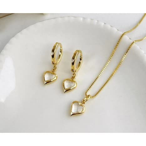 Conjunto Ponto de Luz Coração Veneziana e Brinco Banhada a Ouro 18k