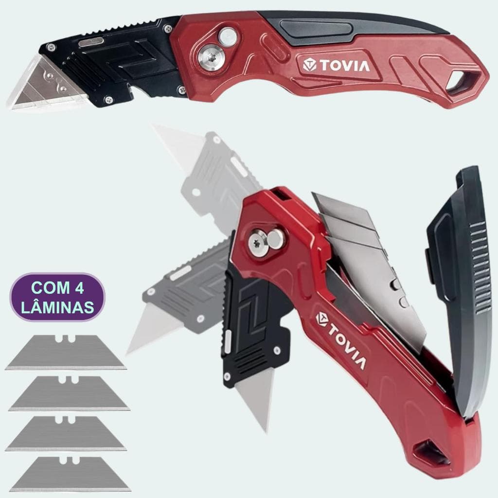 Estilete Profissional Aço Metal Com 4 Lâminas Ferramenta Multiuso Retrátil 19mm Com Trava Tovia