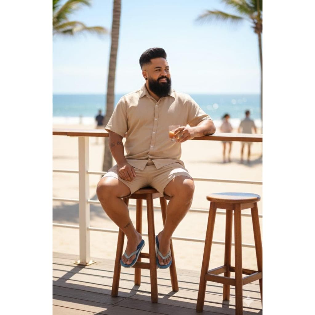 Conjunto Masculino de Linho Social Camisa botão e Short Linho Elegante Casual Resort